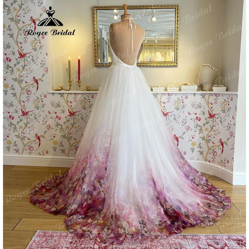 NumberSea - Halter Neck Chiffon A Line Garden Floral Print Wedding Dress Open Back 2025 Pleats Wedding Gowns for Bridal sukienka na wesele