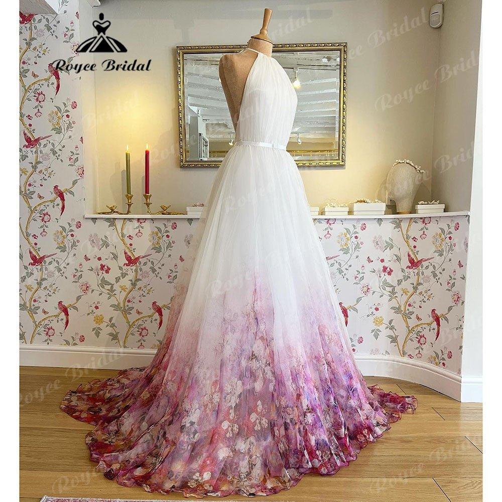 NumberSea - Halter Neck Chiffon A Line Garden Floral Print Wedding Dress Open Back 2025 Pleats Wedding Gowns for Bridal sukienka na wesele