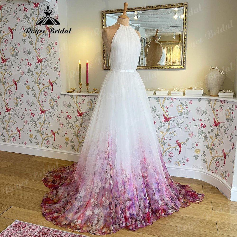 NumberSea - Halter Neck Chiffon A Line Garden Floral Print Wedding Dress Open Back 2025 Pleats Wedding Gowns for Bridal sukienka na wesele