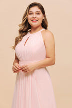 Halter Pink Bridesmaid Dress Plus Size Chiffon Wedding party Dress for Girls