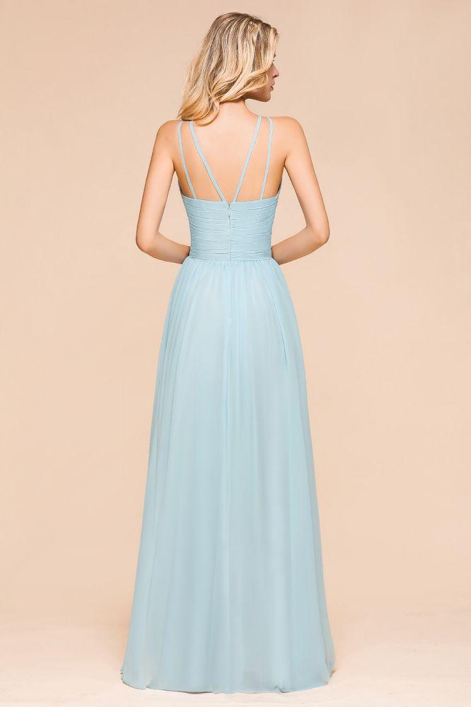 Vestido de dama de honor azul cielo con cuello halter, largo hasta el suelo, sin mangas, corte A, para fiesta online