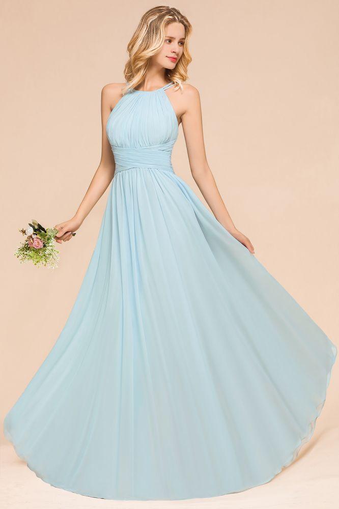 Vestido de dama de honor azul cielo con cuello halter, largo hasta el suelo, sin mangas, corte A, para fiesta online