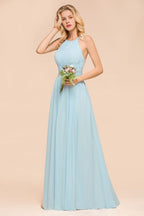 Vestido de dama de honor azul cielo con cuello halter, largo hasta el suelo, sin mangas, corte A, para fiesta online