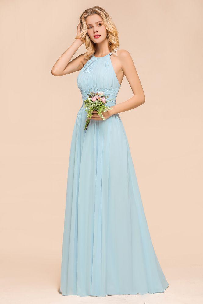 Vestido de dama de honor azul cielo con cuello halter, largo hasta el suelo, sin mangas, corte A, para fiesta online