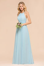 Vestido de dama de honor azul cielo con cuello halter, largo hasta el suelo, sin mangas, corte A, para fiesta online