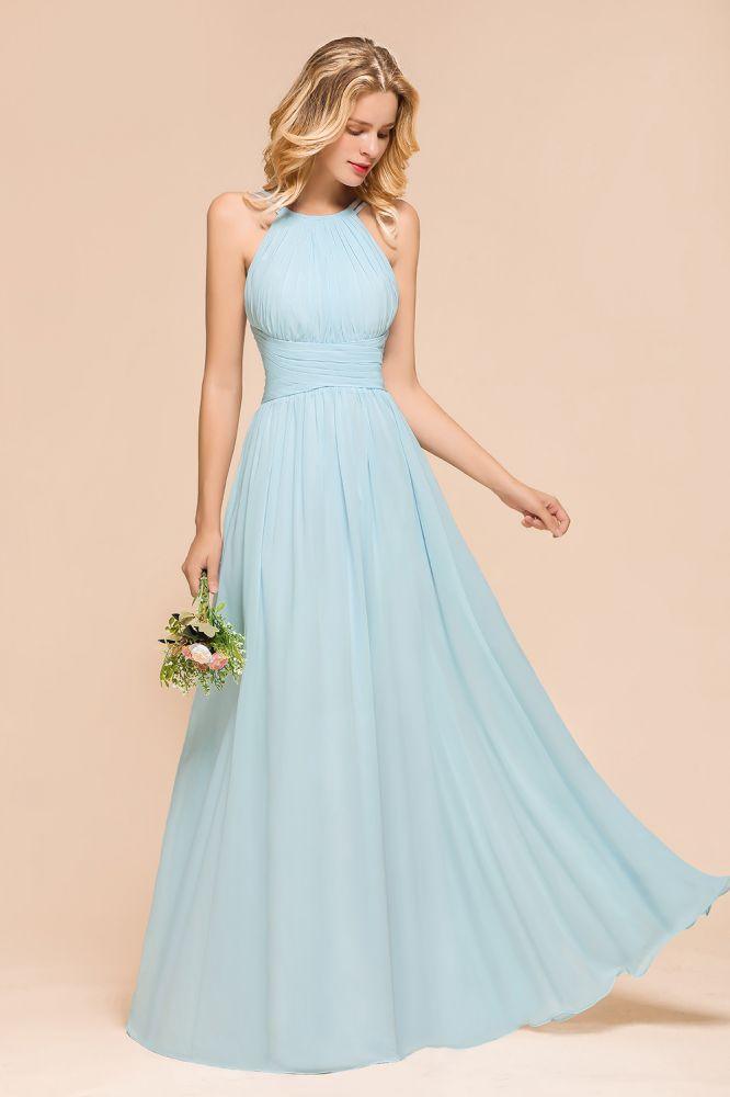 Vestido de dama de honor azul cielo con cuello halter, largo hasta el suelo, sin mangas, corte A, para fiesta online