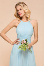 Vestido de dama de honor azul cielo con cuello halter, largo hasta el suelo, sin mangas, corte A, para fiesta online