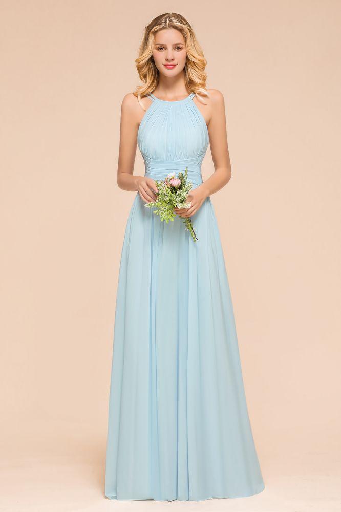 Vestido de dama de honor azul cielo con cuello halter, largo hasta el suelo, sin mangas, corte A, para fiesta online