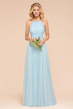 Vestido de dama de honor azul cielo con cuello halter, largo hasta el suelo, sin mangas, corte A, para fiesta online