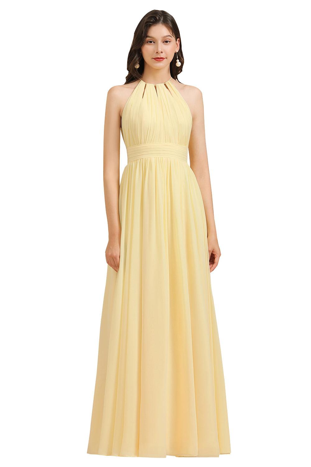 Halter Sleeveless Daffodil Chiffon Bridesmaid Dress with Ruffles