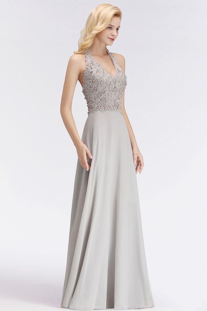 Neckholder-Abendkleid mit ärmellosen Blumenapplikationen, A-Linie, bodenlanges Brautjungfernkleid