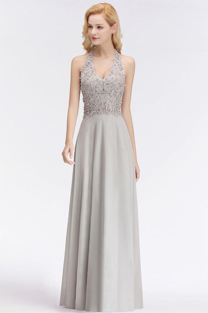 Neckholder-Abendkleid mit ärmellosen Blumenapplikationen, A-Linie, bodenlanges Brautjungfernkleid