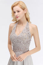 Neckholder-Abendkleid mit ärmellosen Blumenapplikationen, A-Linie, bodenlanges Brautjungfernkleid