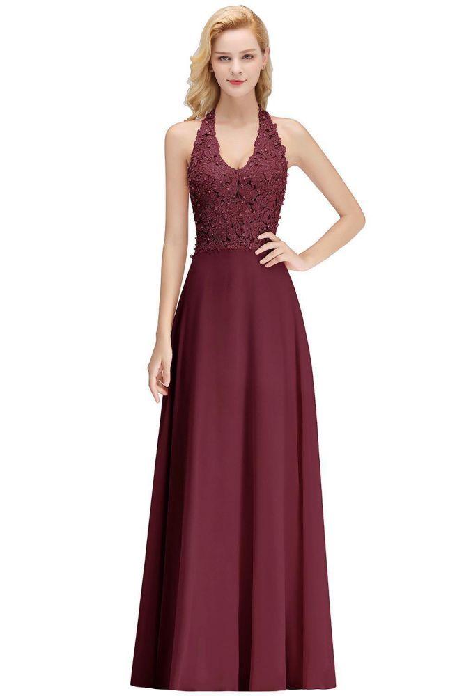 Neckholder-Abendkleid mit ärmellosen Blumenapplikationen, A-Linie, bodenlanges Brautjungfernkleid