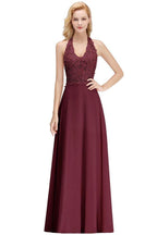 Neckholder-Abendkleid mit ärmellosen Blumenapplikationen, A-Linie, bodenlanges Brautjungfernkleid