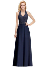 Neckholder-Abendkleid mit ärmellosen Blumenapplikationen, A-Linie, bodenlanges Brautjungfernkleid