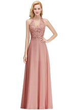 Neckholder-Abendkleid mit ärmellosen Blumenapplikationen, A-Linie, bodenlanges Brautjungfernkleid