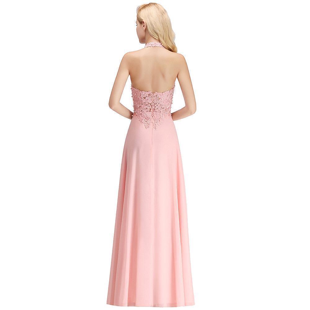 Neckholder-Abendkleid mit ärmellosen Blumenapplikationen, A-Linie, bodenlanges Brautjungfernkleid