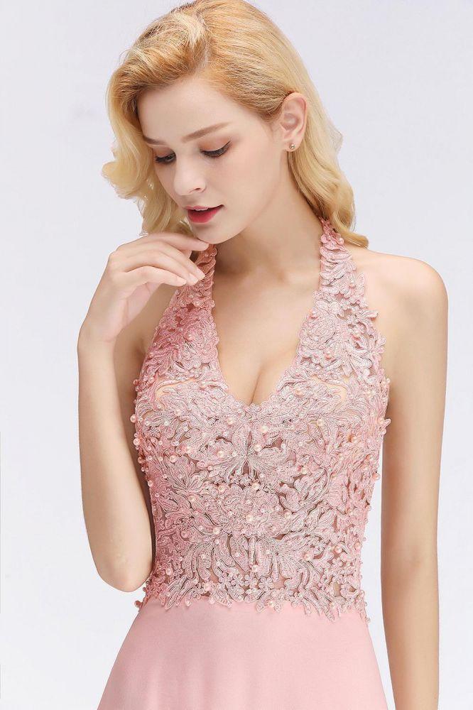 Neckholder-Abendkleid mit ärmellosen Blumenapplikationen, A-Linie, bodenlanges Brautjungfernkleid