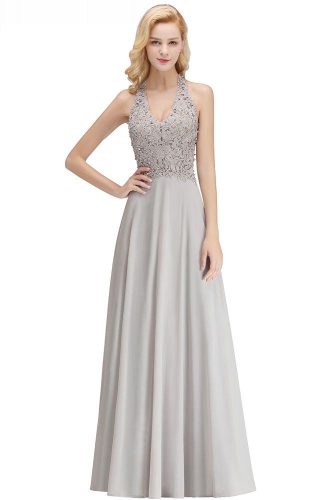 Neckholder-Abendkleid mit ärmellosen Blumenapplikationen, A-Linie, bodenlanges Brautjungfernkleid