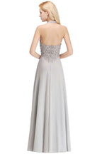 Neckholder-Abendkleid mit ärmellosen Blumenapplikationen, A-Linie, bodenlanges Brautjungfernkleid