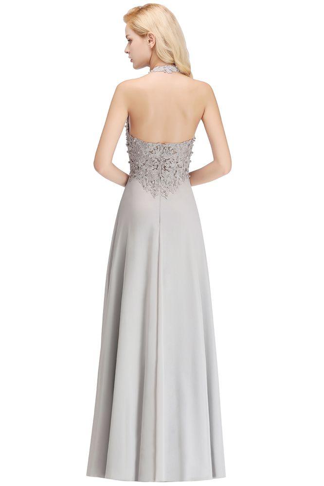 Neckholder-Abendkleid mit ärmellosen Blumenapplikationen, A-Linie, bodenlanges Brautjungfernkleid