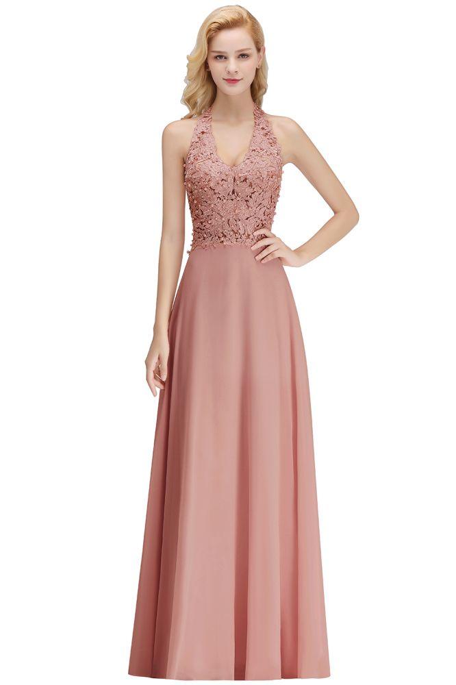 Neckholder-Abendkleid mit ärmellosen Blumenapplikationen, A-Linie, bodenlanges Brautjungfernkleid