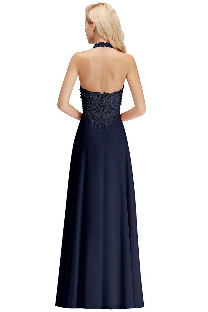 Neckholder-Abendkleid mit ärmellosen Blumenapplikationen, A-Linie, bodenlanges Brautjungfernkleid