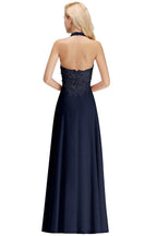 Neckholder-Abendkleid mit ärmellosen Blumenapplikationen, A-Linie, bodenlanges Brautjungfernkleid