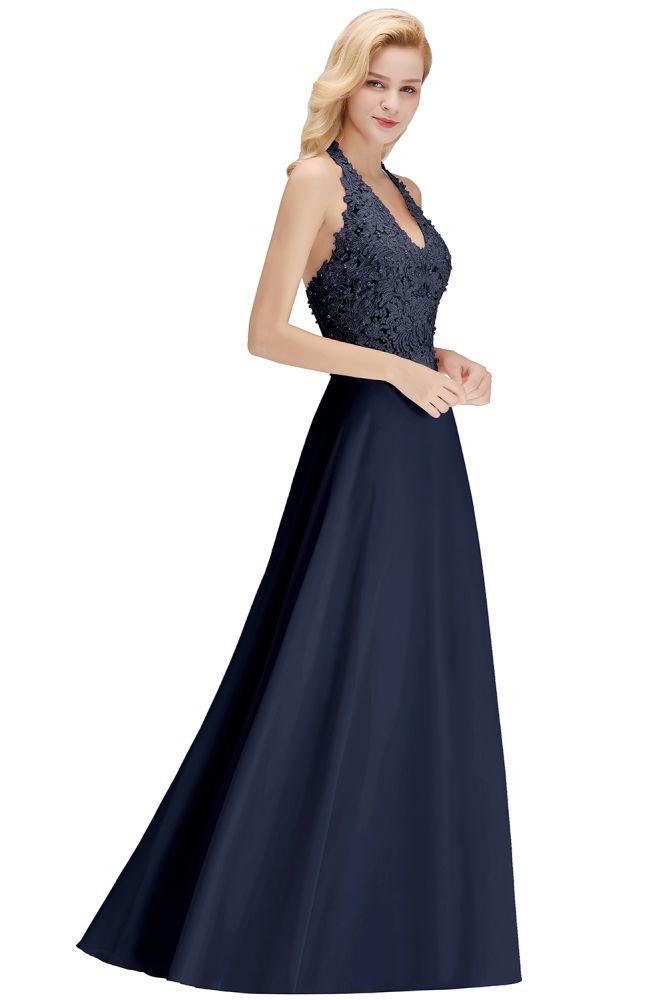 Neckholder-Abendkleid mit ärmellosen Blumenapplikationen, A-Linie, bodenlanges Brautjungfernkleid