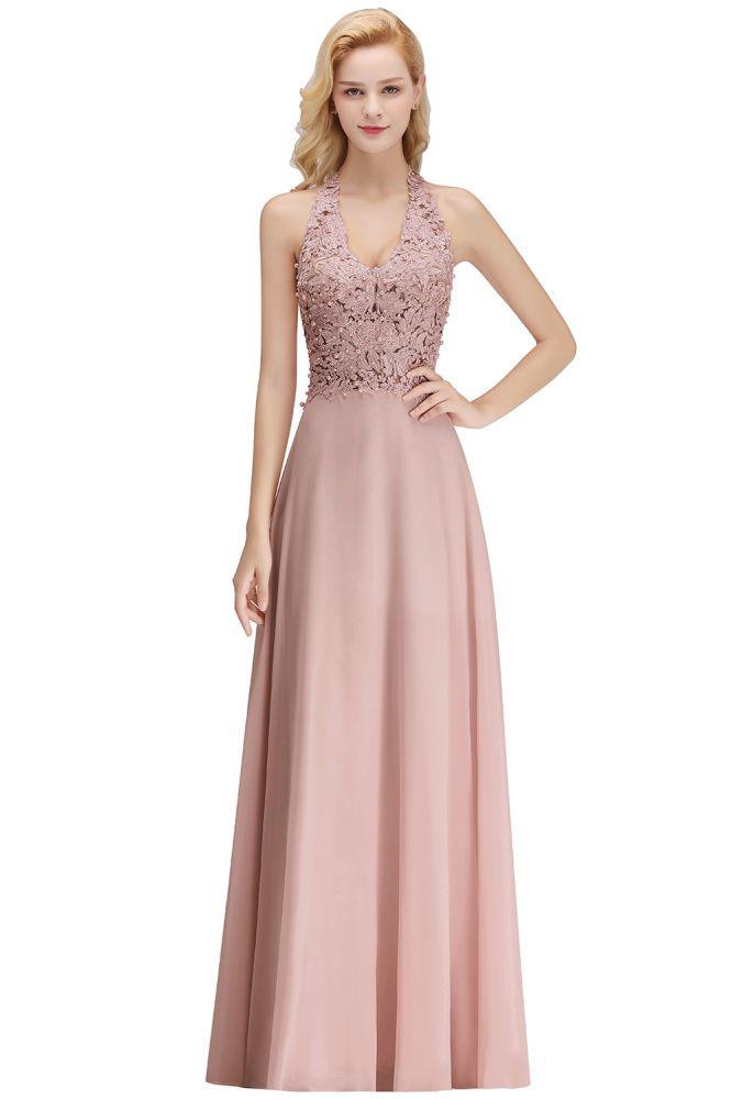 Neckholder-Abendkleid mit ärmellosen Blumenapplikationen, A-Linie, bodenlanges Brautjungfernkleid