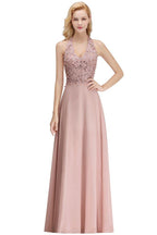 Neckholder-Abendkleid mit ärmellosen Blumenapplikationen, A-Linie, bodenlanges Brautjungfernkleid