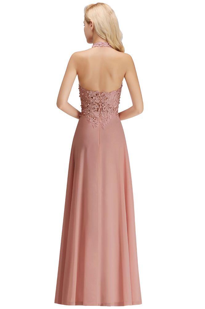Neckholder-Abendkleid mit ärmellosen Blumenapplikationen, A-Linie, bodenlanges Brautjungfernkleid