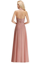 Neckholder-Abendkleid mit ärmellosen Blumenapplikationen, A-Linie, bodenlanges Brautjungfernkleid