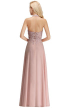 Neckholder-Abendkleid mit ärmellosen Blumenapplikationen, A-Linie, bodenlanges Brautjungfernkleid