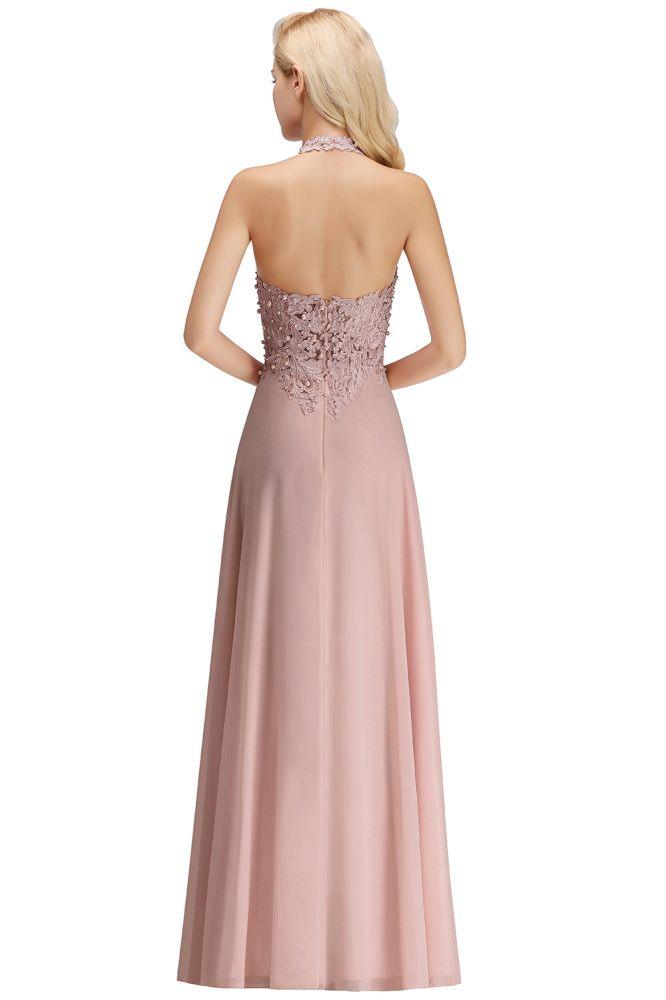 Neckholder-Abendkleid mit ärmellosen Blumenapplikationen, A-Linie, bodenlanges Brautjungfernkleid