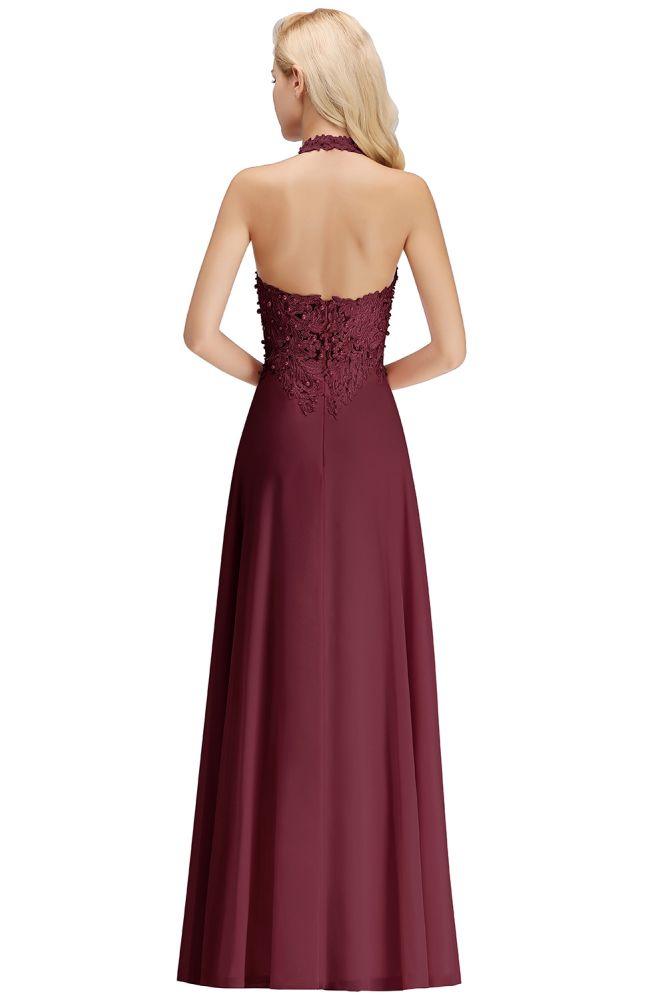 Neckholder-Abendkleid mit ärmellosen Blumenapplikationen, A-Linie, bodenlanges Brautjungfernkleid