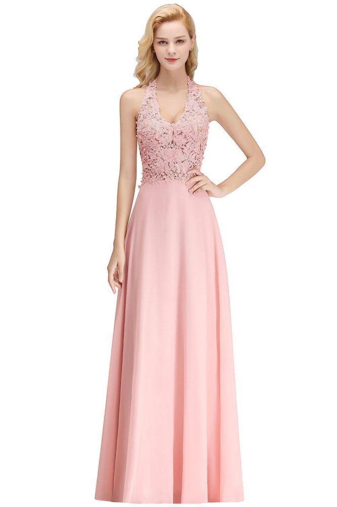 Neckholder-Abendkleid mit ärmellosen Blumenapplikationen, A-Linie, bodenlanges Brautjungfernkleid