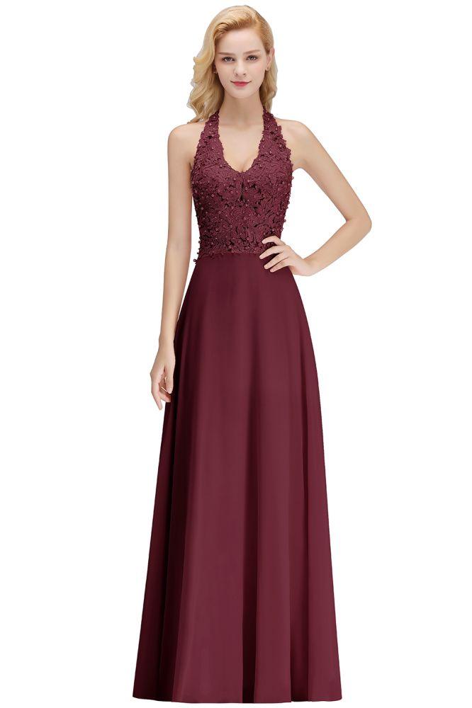 Neckholder-Abendkleid mit ärmellosen Blumenapplikationen, A-Linie, bodenlanges Brautjungfernkleid