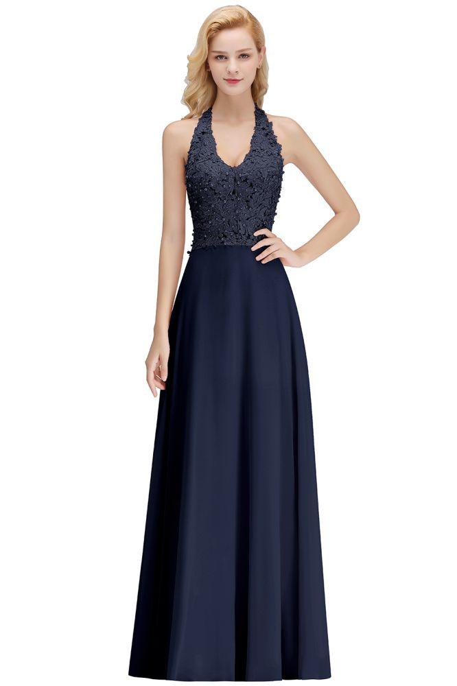 Neckholder-Abendkleid mit ärmellosen Blumenapplikationen, A-Linie, bodenlanges Brautjungfernkleid