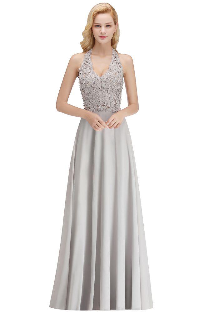 Neckholder-Abendkleid mit ärmellosen Blumenapplikationen, A-Linie, bodenlanges Brautjungfernkleid