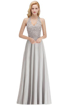 Neckholder-Abendkleid mit ärmellosen Blumenapplikationen, A-Linie, bodenlanges Brautjungfernkleid