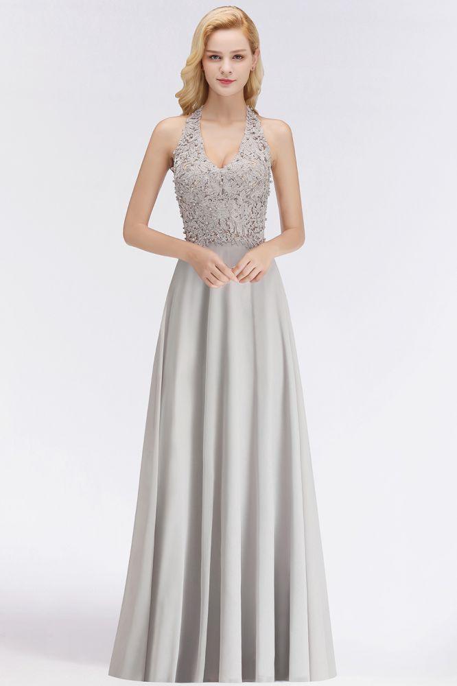 Neckholder-Abendkleid mit ärmellosen Blumenapplikationen, A-Linie, bodenlanges Brautjungfernkleid