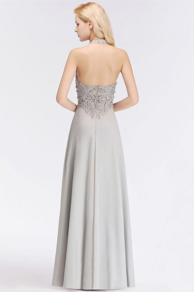 Neckholder-Abendkleid mit ärmellosen Blumenapplikationen, A-Linie, bodenlanges Brautjungfernkleid
