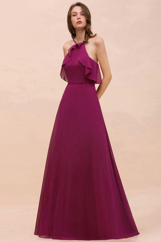 Halter Sleeveless Purple Bridesmaid Dress with Side Pockets