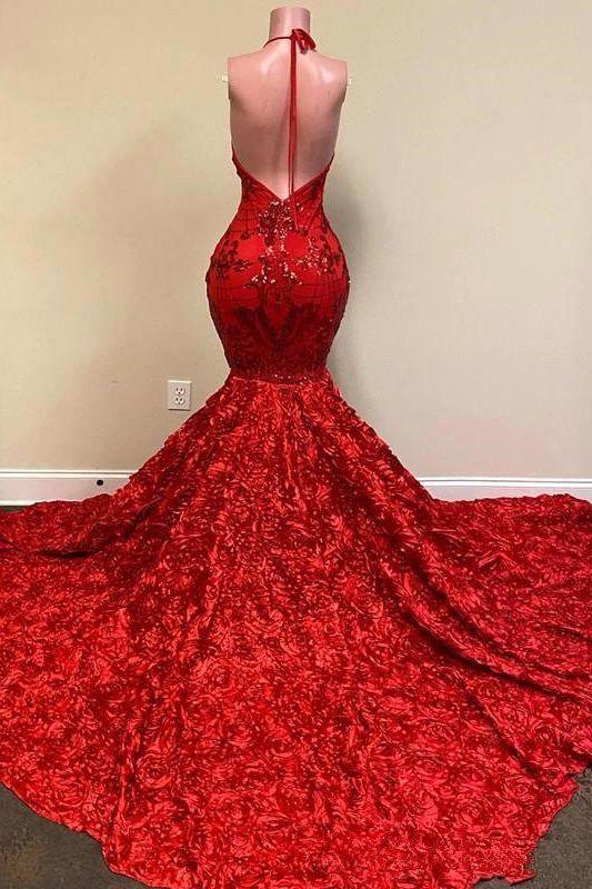 Vestido de fiesta de sirena con tirantes finos, encaje floral brillante y cuello halter