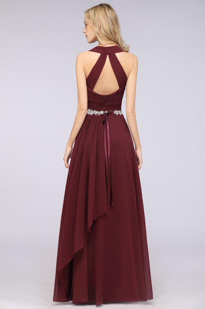 Halter V-Neck Sleeveless Ruffle Bridesmaid Dress with Appliques Sashes Evening Swing Dress