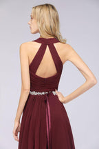 Halter V-Neck Sleeveless Ruffle Bridesmaid Dress with Appliques Sashes Evening Swing Dress
