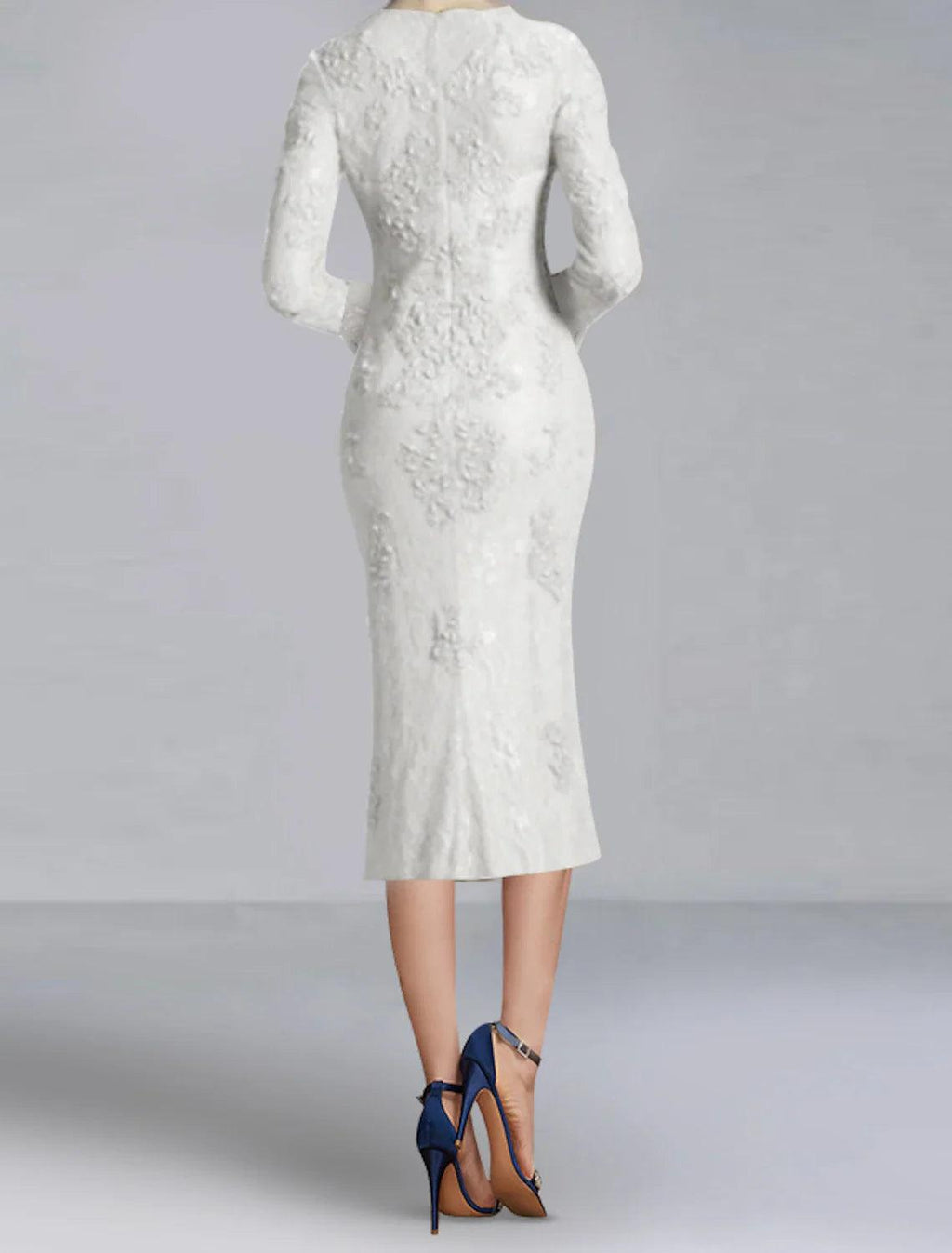 Etui-/Säulen-Cocktailkleider, elegantes Kleid, Party-Kleid, Hochzeitsfeier, knielang, lange Ärmel, Rundhalsausschnitt, Herbst, Hochzeitsgast, Spitze mit Applikationen