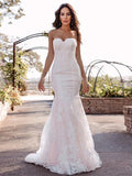 Vestidos de novia de corte trompeta/sirena, escote corazón, sin mangas, con apliques de encaje y cola larga